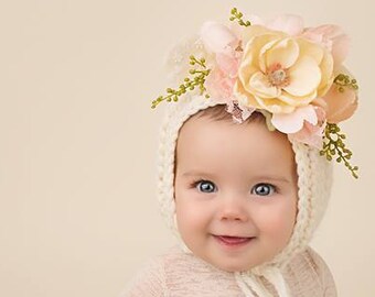 Flower Bonnet, Floral Bonnet, Garden Bonnet, Bear Bonnet, Sitter Bonnet, Fall Bonnet, Easter Bonnet, Baby Photo Prop Newborn Photo Prop,