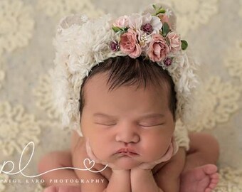 Flower Bonnet, Floral Bonnet, Garden Bonnet, Bear Bonnet, Sitter Bonnet, Fall Bonnet, Easter Bonnet, Baby Photo Prop Newborn Photo Prop,