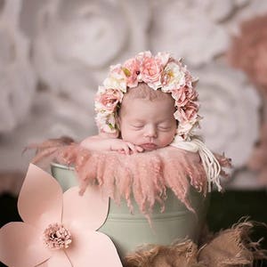 Flower Bonnet, Floral Bonnet, Garden Bonnet, Baby hat, Baby Photo Prop, Newborn Photo Prop, Knit Baby Bonnet, Baby Girl Hat, Baby Hat image 1
