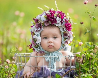 Flower Bonnet, Floral Bonnet, Garden Bonnet, Sitter Bonnet, Baby hat, Baby Photo Prop, Newborn Photo Prop, Knit Baby Bonnet, Baby Hat