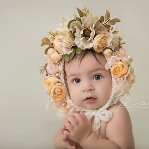 Flower Bonnet, Floral Bonnet, Garden Bonnet, Sitter Bonnet, Baby hat, Baby Photo Prop, Newborn Photo Prop, Knit Baby Bonnet, Baby Hat