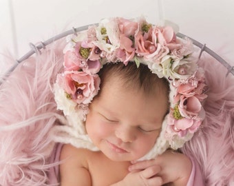 Flower Bonnet,  Floral Bonnet, Garden Bonnet, Baby hat, Baby Photo Prop, Newborn Photo Prop, Knit Baby Bonnet, Baby Girl Hat, Baby Hat