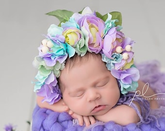 Flower Bonnet, Floral Bonnet, Garden Bonnet, Sitter Bonnet, Baby hat, Baby Photo Prop, Newborn Photo Prop, Knit Baby Bonnet, Baby Hat