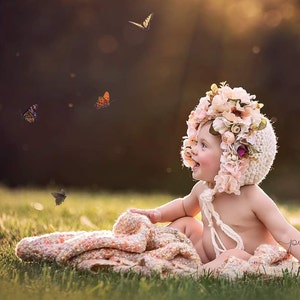 Flower Bonnet, Floral Bonnet, Garden Bonnet, Sitter Bonnet, Baby hat, Baby Photo Prop, Newborn Photo Prop, Knit Baby Bonnet, Baby Hat image 1