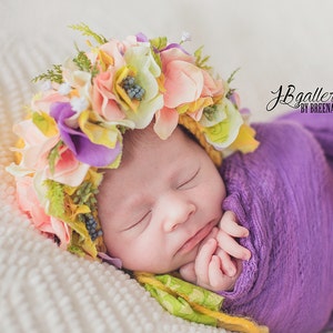 Flower Bonnet, Floral Bonnet, Garden Bonnet, Sitter Bonnet, Baby hat, Baby Photo Prop, Newborn Photo Prop, Knit Baby Bonnet, Baby Hat image 3