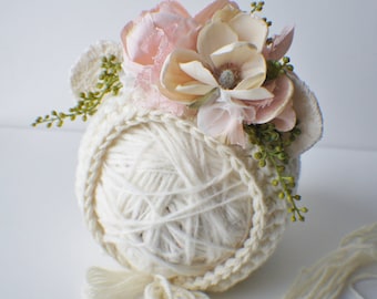 Flower Bonnet, Floral Bonnet, Garden Bonnet, Bear Bonnet, Sitter Bonnet, Fall Bonnet, Easter Bonnet, Baby Photo Prop Newborn Photo Prop,