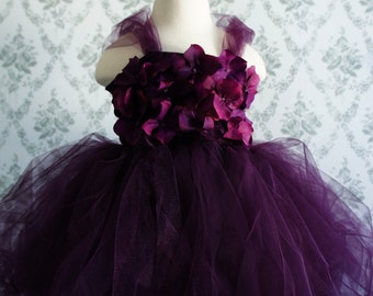 Flower girl dress Deep Purple tutu dress, flower top, hydrangea top, toddler tutu dress