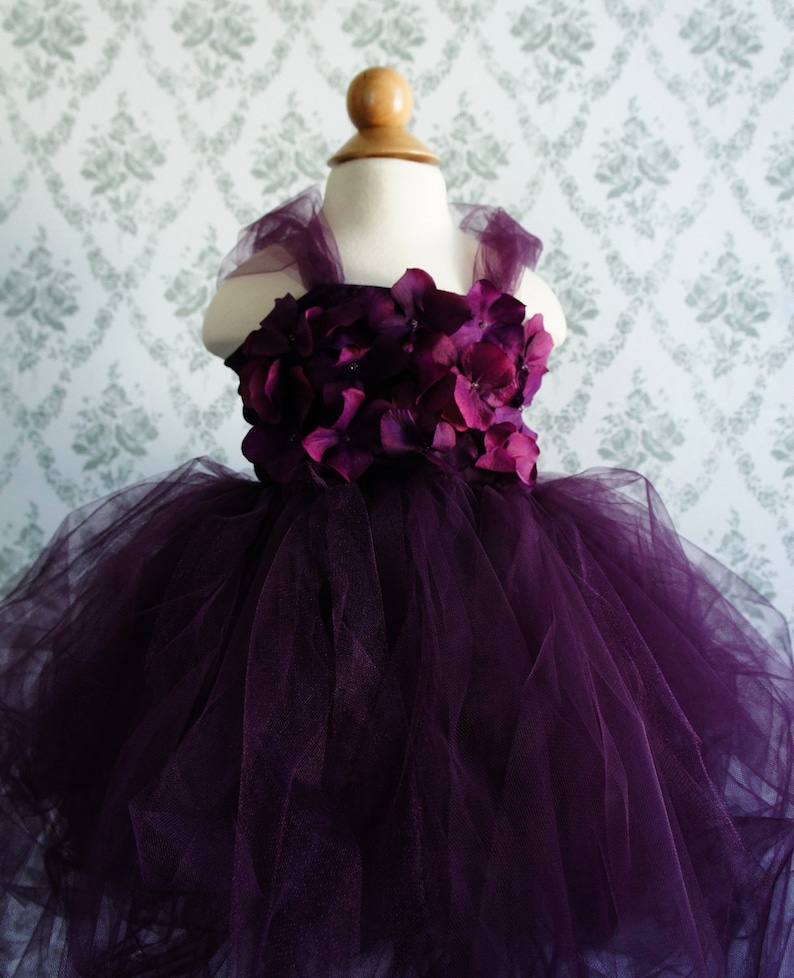 Flower girl dress Deep Purple tutu dress, flower top, hydrangea top, toddler tutu dress image 1