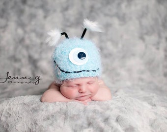 Baby Monster Hat, Newborn Photo Prop, Baby Photo Prop, Baby Hat, Blue Monster Newborn Baby Hat, Knit Baby Hat Photography Prop