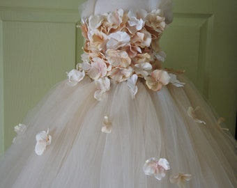 Robe de demoiselle d'honneur Robe Champagne Robe tutu Champagne, haut fleuri, haut hortensia, robe tutu enfant en bas âge Fleurs en cascade