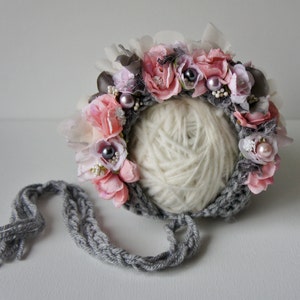 Baby hat, Knit Baby Bonnet, Baby Photo Prop, Newborn Photo Prop, Newborn Baby Girl Hat, Baby Hat, Knit Baby Hat, Rose bonnet, Gray Bonnet