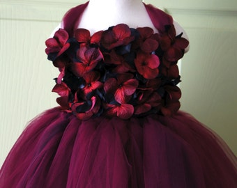 Flower girl dress, Marsala Dress, Wine Red and Black tutu dress, flower top, hydrangea top, toddler tutu dress