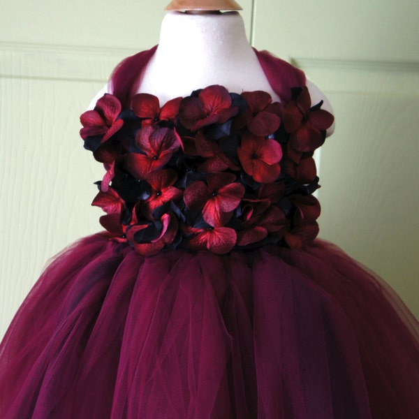 Flower girl dress, Marsala Dress, Wine Red and Black tutu dress, flower top, hydrangea top, toddler tutu dress