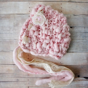 Knit Baby Bonnet, Newborn Baby Hat, Baby Photo Prop, Newborn Photo Props, Baby Hat, Knit Baby Hat in Handspun Pink Yarn