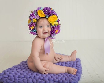 Flower Bonnet, Baby hat, Garden Bonnet, Sitter Bonnet, Floral Bonnet, Baby Photo Prop, Newborn Photo Prop, Newborn Baby Girl Hat