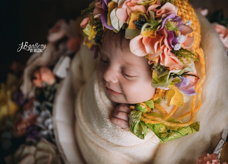Flower Bonnet, Floral Bonnet, Garden Bonnet, Sitter Bonnet, Baby hat, Baby Photo Prop, Newborn Photo Prop, Knit Baby Bonnet, Baby Hat image 2
