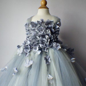 Flower girl dress Gray Dress, Gray tutu dress, flower top, hydrangea top, toddler tutu dress Cascading flowers