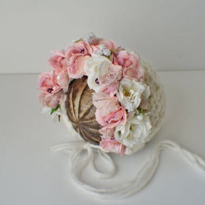 Flower Bonnet, Floral Bonnet, Garden Bonnet, Baby hat, Baby Photo Prop, Newborn Photo Prop, Knit Baby Bonnet, Baby Girl Hat, Baby Hat image 4