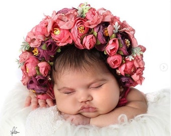 Floral Baby Bonnet: Knit Flower Hat, Newborn Photo Prop