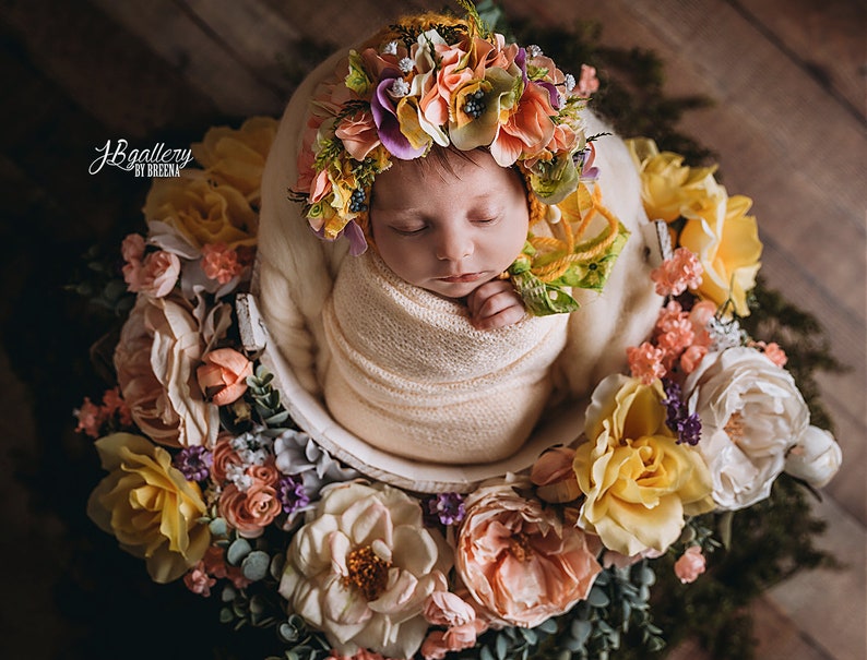 Flower Bonnet, Floral Bonnet, Garden Bonnet, Sitter Bonnet, Baby hat, Baby Photo Prop, Newborn Photo Prop, Knit Baby Bonnet, Baby Hat image 1