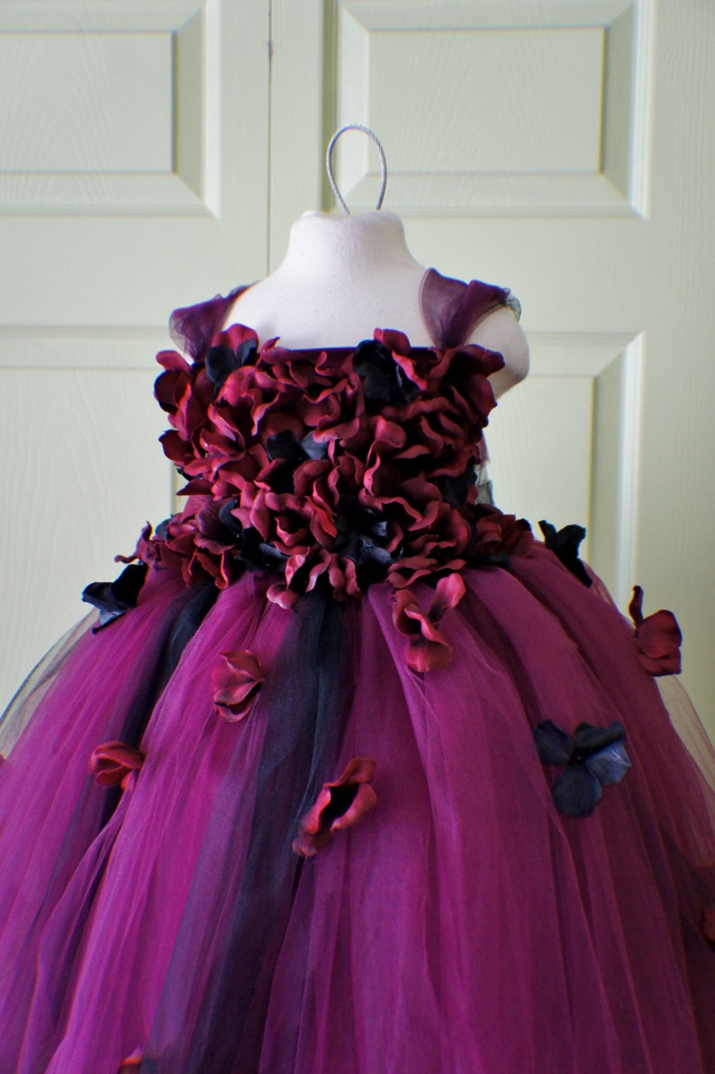 Flower girl dress Marsala Red Dress, Wine red tutu dress, flower top, hydrangea top, toddler tutu dress Cascading flowers image 5