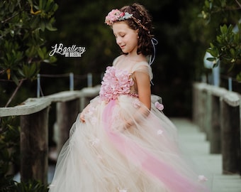 Flower girl dress Champagne Dress Champagne tutu dress, flower top, hydrangea top, toddler tutu dress Cascading flowers