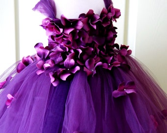 Flower Girl Dress, Tutu Dress, Photo Prop, Purple Flower Dress, Flower Top, Cascading Flowers, Tutu Dress