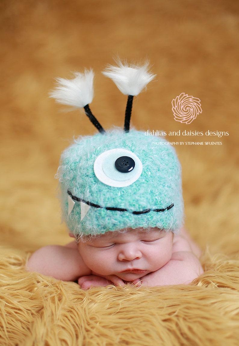 Baby Hat, Monster Hat, Newborn Photo Prop, Blue Monster Newborn Baby Hat, Knit Baby Hat Photography Prop image 1