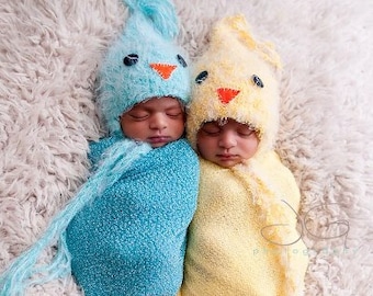 Knit Newborn Hats, Newborn Photo Props, Photography props, Twin Set, Bird Beanie Newborn Baby Hat Photo Prop, Blue Bird, Yellow Chick