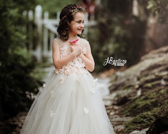 Flower girl dress Champagne Dress Champagne tutu dress, flower top, hydrangea top, toddler tutu dress Cascading flowers