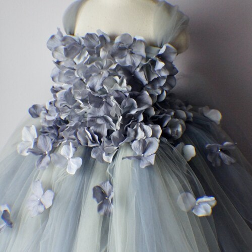 Flower girl dress shops Gray Dress, Gray tutu dress, flower top, hydrangea top, toddler tutu dress Cascading flowers