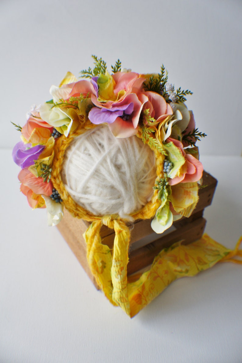Flower Bonnet, Floral Bonnet, Garden Bonnet, Sitter Bonnet, Baby hat, Baby Photo Prop, Newborn Photo Prop, Knit Baby Bonnet, Baby Hat image 4