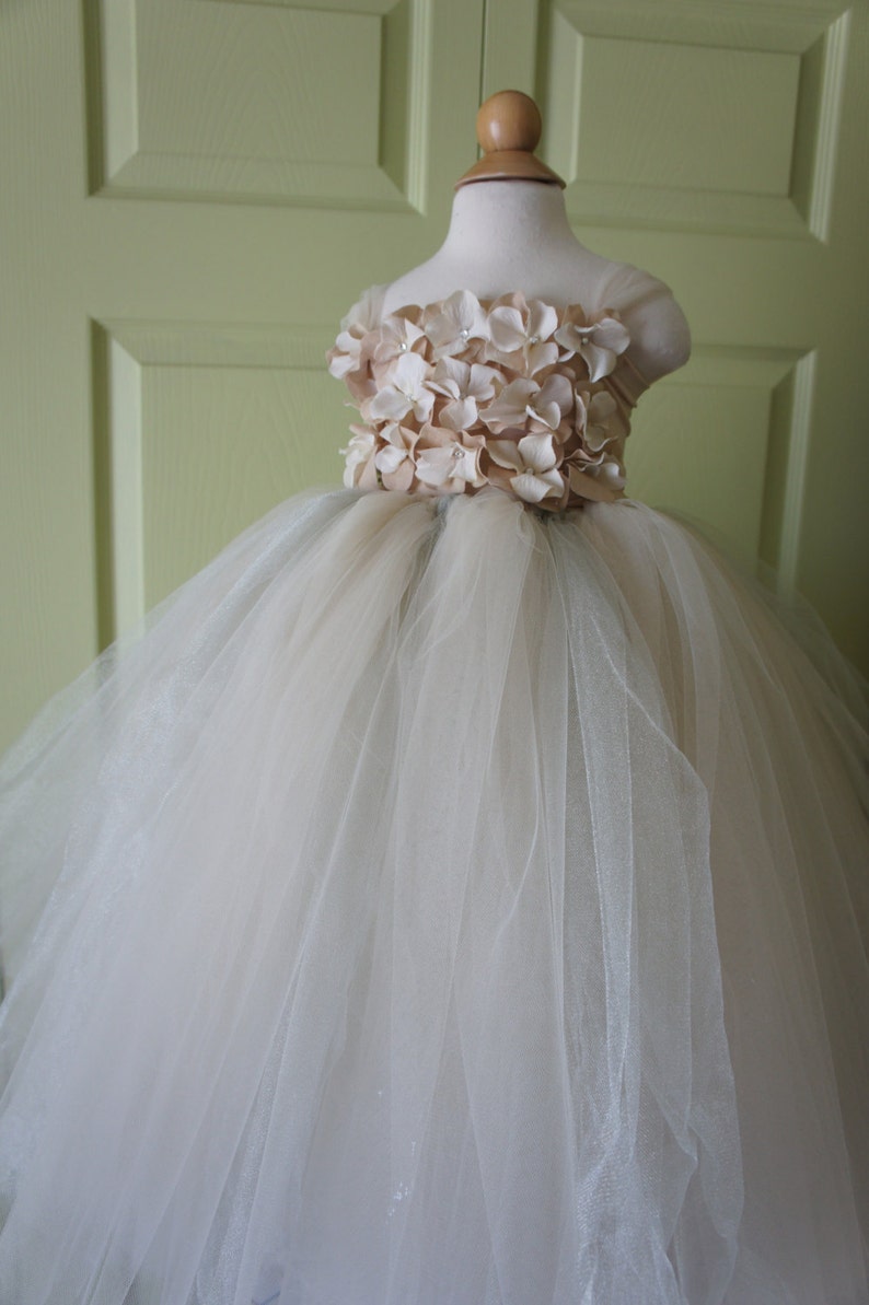 Flower girl dress Champagne and Silver Dress Champagne tutu dress, flower top, hydrangea top, toddler tutu dress image 1