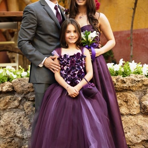 Flower girl dress, Eggplant Flower girl Dress, Wedding dress, Deep Purple tutu dress, flower top, hydrangea top, toddler tutu dress