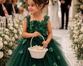Vestido verde esmeralda para niña de las flores, vestido de tul floral, vestido de lujo para niña de las flores en bodas, vestido de princesa para niña pequeña, conjunto de boda verde esmeralda