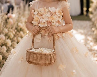 Champagne Flower Girl Dress, 3D Floral Tulle Dress, Luxury Toddler Wedding Dress, Princess Flower Girl Gown, Garden Wedding Dress