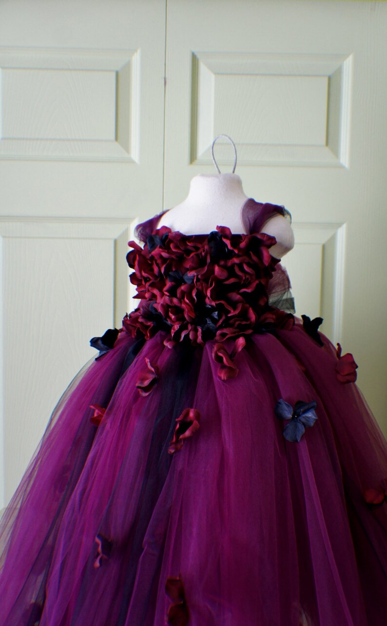 Flower girl dress Marsala Red Dress, Wine red tutu dress, flower top, hydrangea top, toddler tutu dress Cascading flowers image 1