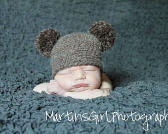 Baby Hat, Newborn Baby Hat, Pom Pom Knit Baby Hat, Baby Photo Prop, Bear Hat, Newborn Knit Hat, Photography Prop