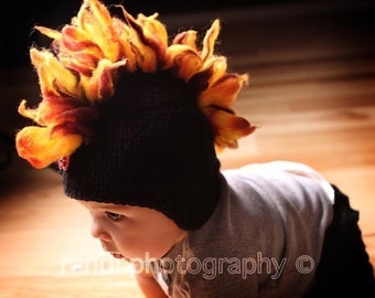 Baby Hat, Mohawk Hat, Newborn Photo Prop, knit newborn hat, Knit Baby Hat Photo Prop, Black with Orange and Red Flames Skull Decal