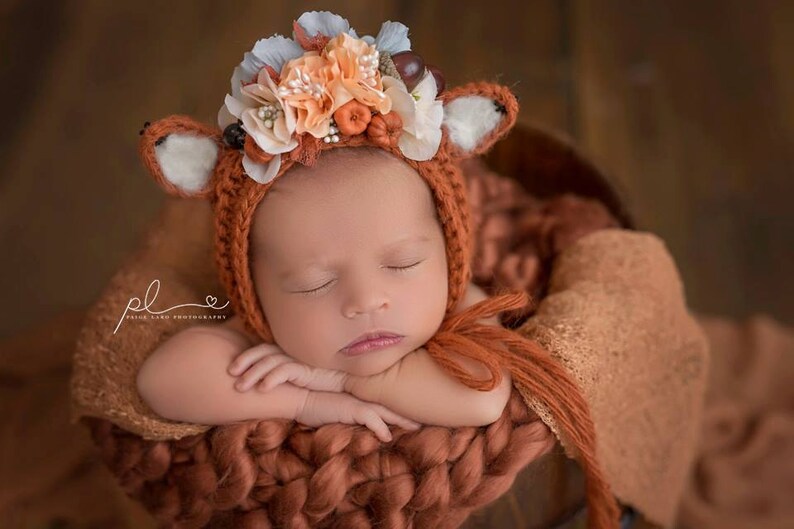 Flower Bonnet, Floral Bonnet, Garden Bonnet, Fox Bonnet, Sitter Bonnet, Fall Bonnet, Christmas Bonnet, Baby Photo Prop, Newborn Photo Prop, image 1