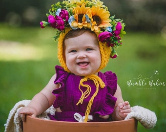 Flower Bonnet, Baby hat, Garden Bonnet, Sunflower Bonnet, Floral Bonnet, Baby Photo Prop, Newborn Photo Prop, Newborn Baby Girl Hat