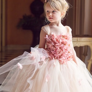 Flower girl dress Pink Champagne Dress, Pink Champagne tutu dress, flower top, hydrangea top, toddler tutu dress Cascading flowers