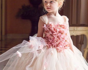 Flower girl dress Pink Champagne Dress, Pink Champagne tutu dress, flower top, hydrangea top, toddler tutu dress Cascading flowers