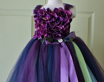 Flower girl dress Deep Purple tutu dress, Peacock Tutu, flower top, hydrangea top, toddler tutu dress