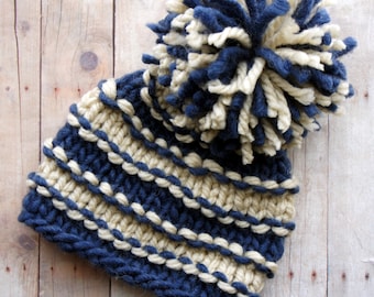 Baby Hat, Newborn Hat, NewBorn Baby Boy Beanie Hat, Newborn Photo Prop, Photo Prop Pom Pom Hat, Navy Blue, Beige