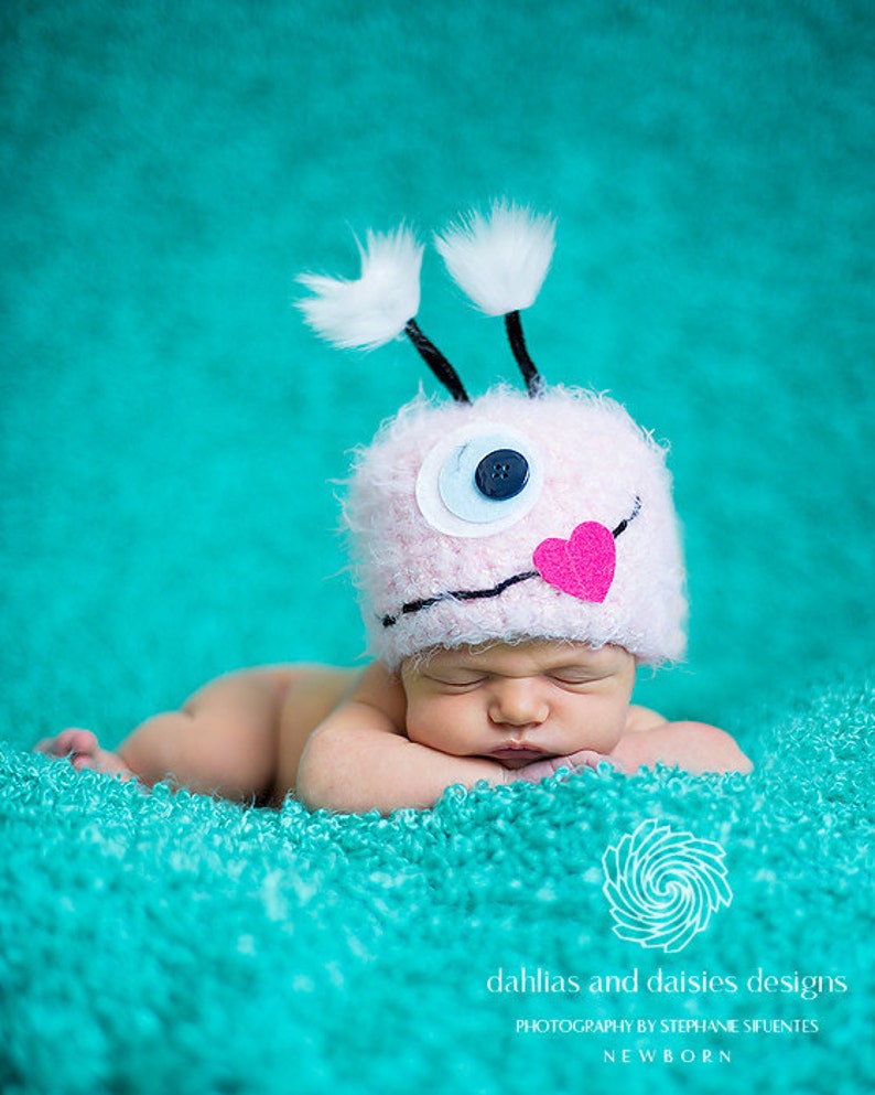 Monster Hat, Baby Hat. Pink Little Monster Hat, Newborn Baby Hat, Baby Photo Prop, Newborn Photo Prop image 1