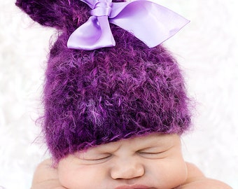 Baby Hat, Baby Photo Prop, NewBorn Baby Girl Hat, Newborn Photo Prop, Lnit Photo Prop, Purple Hat, Bow hat