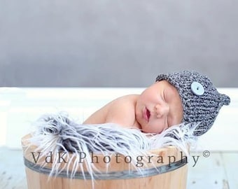 NewBorn Baby Hat, Baby Hat, Button Hat, Newborn Photo Prop. Baby Boy Hat, Gray Hat