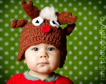 Red Nose Reindeer Baby Hat, Baby Photo Prop, Newborn Photo Prop, Knit Baby Hat, Photography Prop