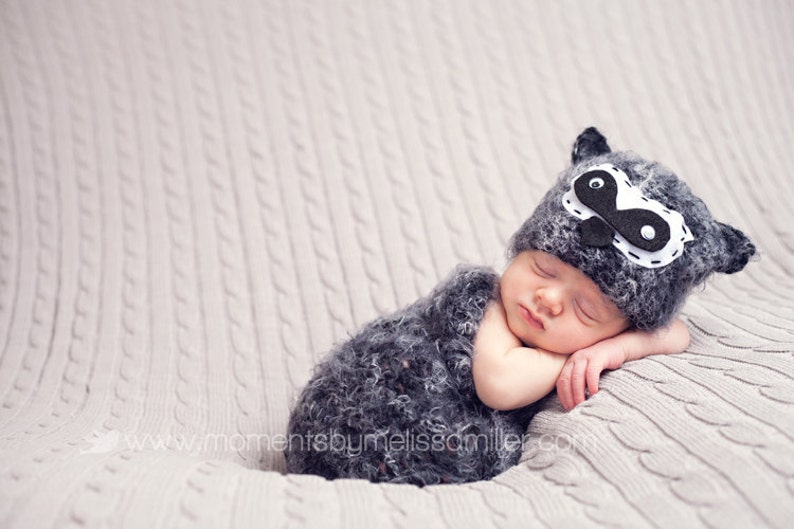 Baby Hat Set, Newborn Hat Set, Newborn Photo Prop, Baby Raccoon hat set, Knit Newborn Hat, Baby Hat, Animal Hat image 1